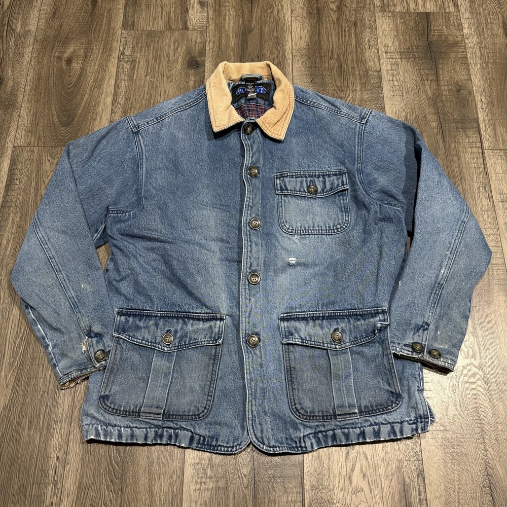Vintage Old Navy Jacket Mens Small Blue Denim Corduroy Collar Lined Workwear 90s